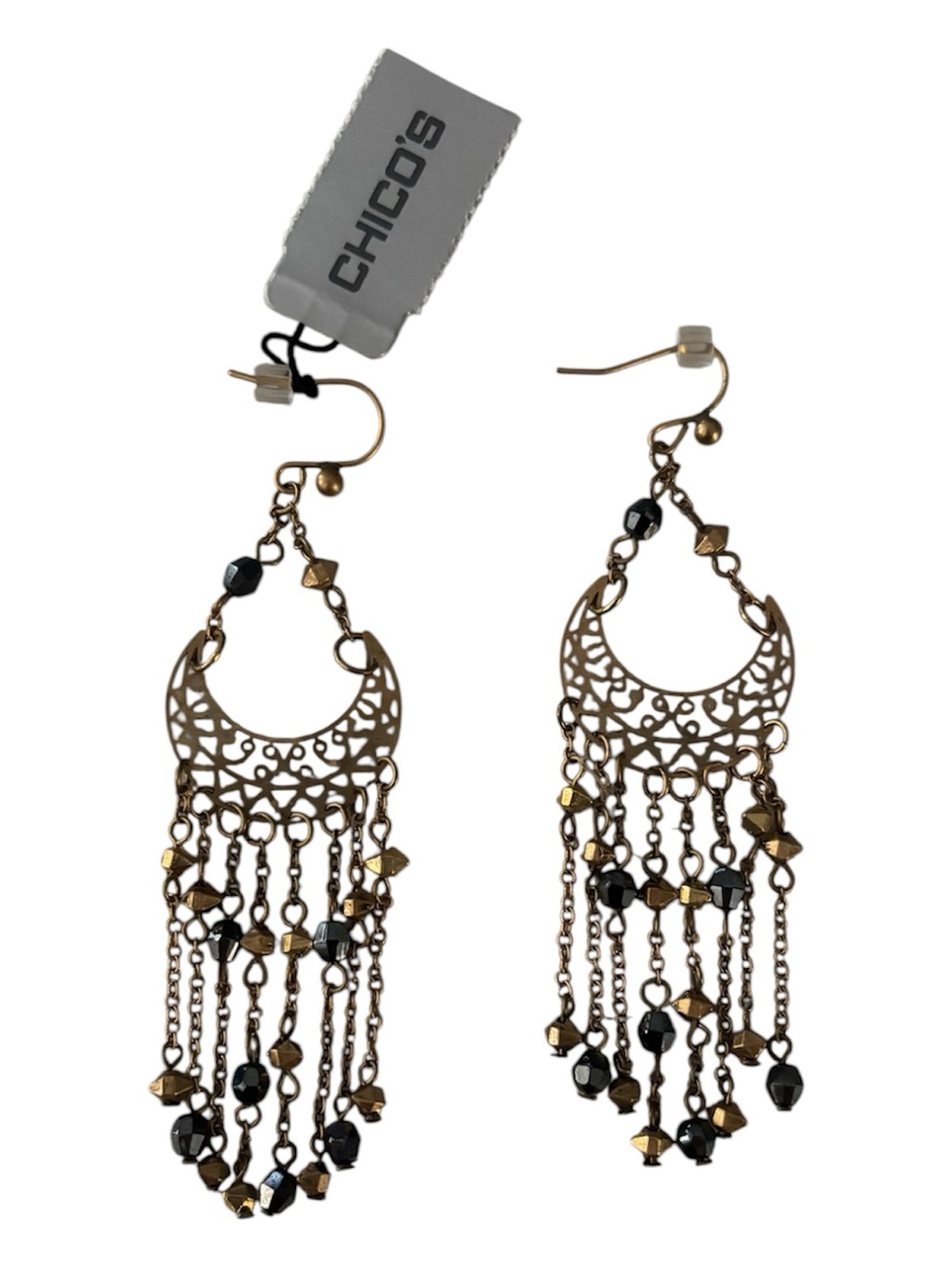 Chico’s boho-style gold chandelier earrings black beaded drops filigree design